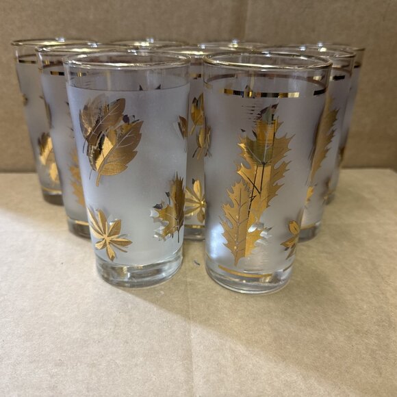 9 Vintage MCM Frosted Libbey Gold Leaves Glass Tumblers 5.5" tall - Picture 1 of 7
